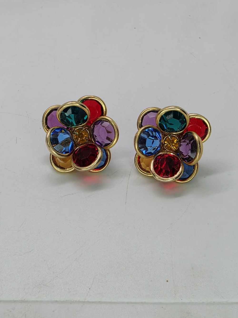 Vintage Swarovski Crystal Earrings Multi Color Bezel Set Flower Cluster Pierced